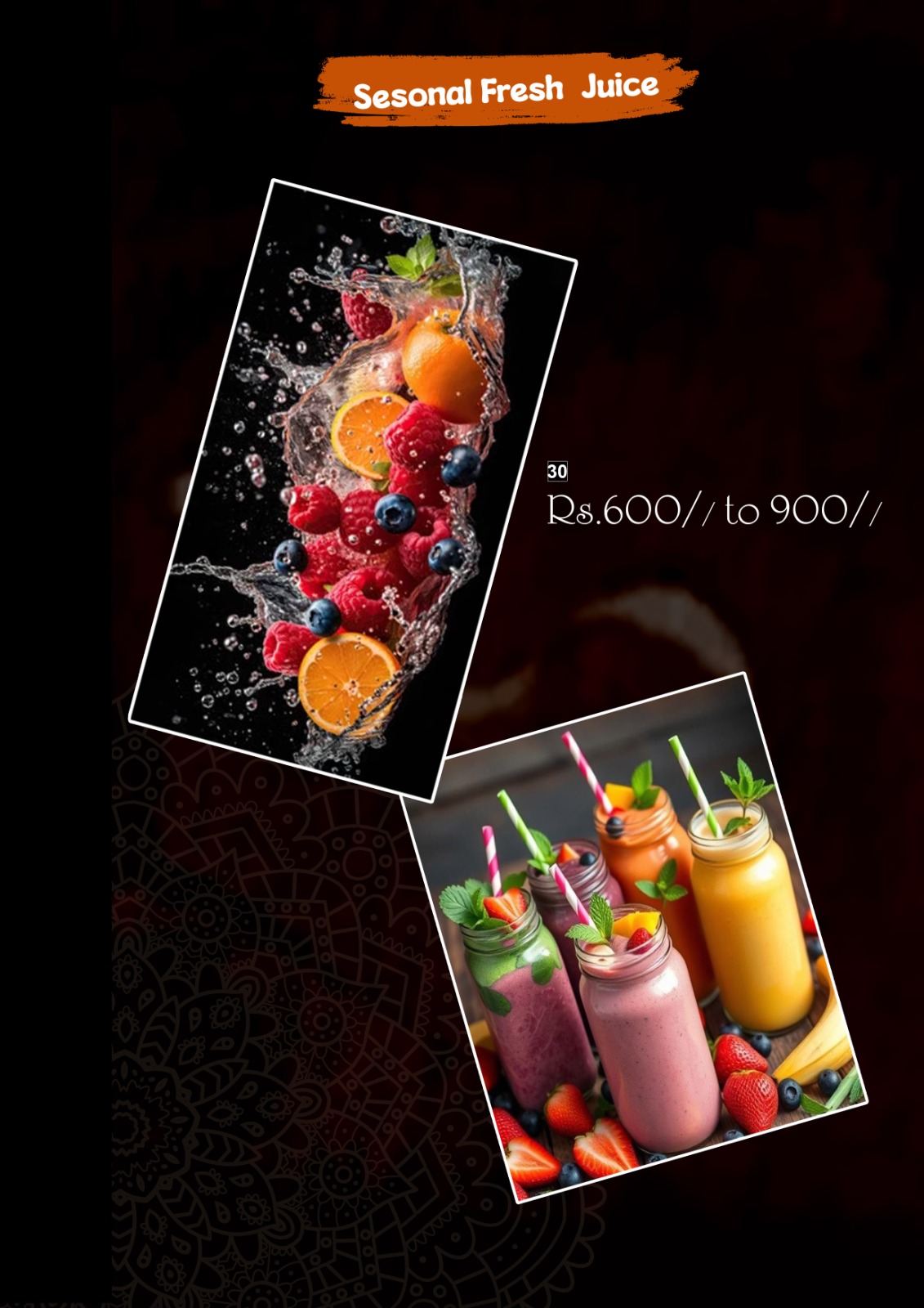Hambu Café menu board — Seasonal Fresh Juice page with fresh fruit and juice bottles